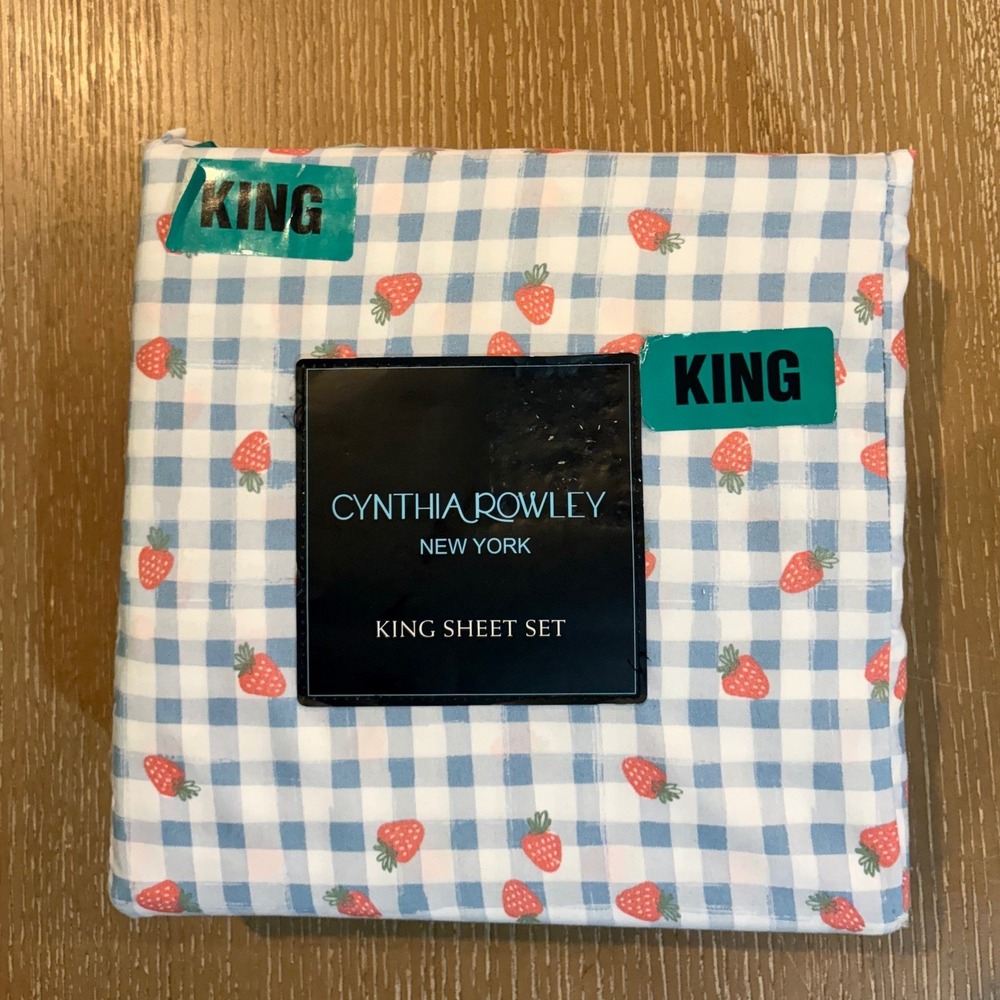 Cynthia Rowley King Sheet Set Strawberry Gingham Blue Microfiber 4pc New
